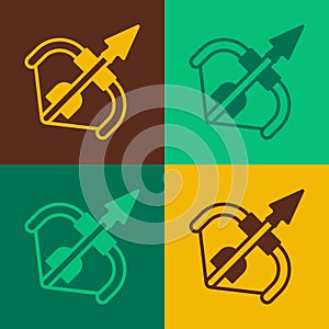 Pop art Medieval bow and arrow icon isolated on color background. Medieval weapon. Vector