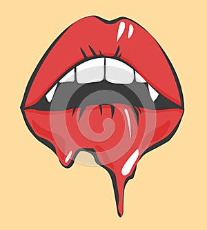 Pop Art Melting Lips With Vampires Teeth . Vector Object