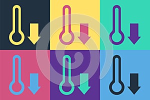 Pop art Meteorology thermometer measuring icon isolated on color background. Thermometer equipment showing hot or cold