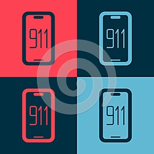 Pop art Mobile phone with emergency call 911 icon isolated on color background. Police, ambulance, fire department, call
