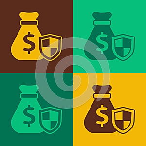 Pop art Money bag with shield icon isolated on color background. Insurance concept. Security, safety, protection