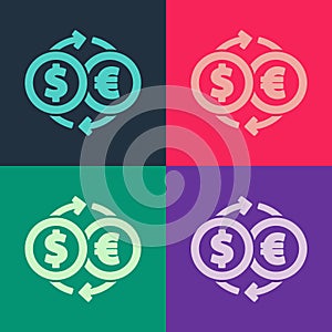 Pop art Money exchange icon isolated on color background. Euro and Dollar cash transfer symbol. Banking currency sign