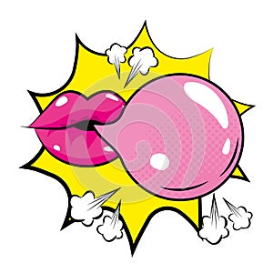 Pop art mouth with bubble gum cartoon