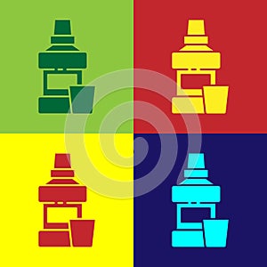 Pop art Mouthwash plastic bottle and glass icon isolated on color background. Liquid for rinsing mouth. Oralcare