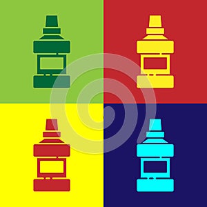 Pop art Mouthwash plastic bottle and glass icon isolated on color background. Liquid for rinsing mouth. Oralcare