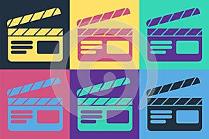 Pop art Movie clapper icon isolated on color background. Film clapper board. Clapperboard sign. Cinema production or