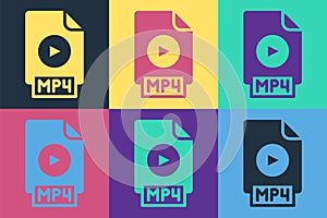 Pop art MP4 file document. Download mp4 button icon isolated on color background. MP4 file symbol. Vector