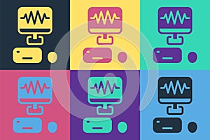 Pop art Music sound recording studio control room with professional equipment icon isolated on color background. Vector