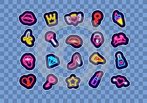 Pop art neon stickers collection. Female lips and lollipop. Banana and heart. Retro design signs. Vector illustration