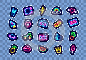 Pop art neon stickers pack. Camera and hot dog. Cactus and roller skates. Retro design signboard. Vector illustration