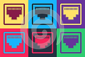 Pop art Network port - cable socket icon isolated on color background. LAN port icon. Ethernet simple icon. Local area