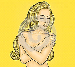 Pop art nude woman covers breasts with her hands