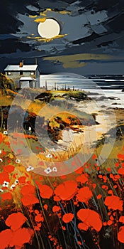 Pop Art Oil Painting Giclee Print: Coastal House With Thatched Roof