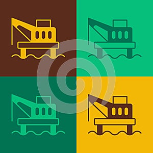 Pop art Oil platform in the sea icon isolated on color background. Drilling rig at sea. Oil platform, gas fuel, industry