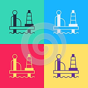 Pop art Oil platform in the sea icon isolated on color background. Drilling rig at sea. Oil platform, gas fuel, industry