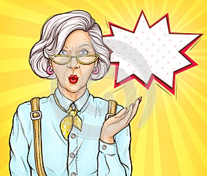 Pop art old woman surprised wow face expression