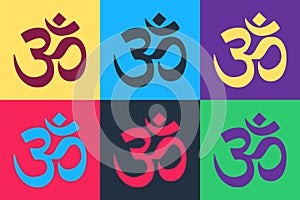 Pop art Om or Aum Indian sacred sound icon isolated on color background. The symbol of the divine triad of Brahma