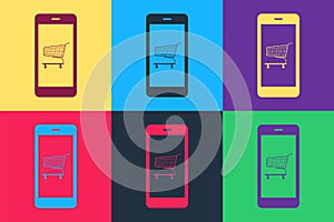 Pop art Online shopping concept. Shopping cart on screen smartphone icon isolated on color background. Concept e