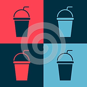 Pop art Paper glass with drinking straw and water icon isolated on color background. Soda drink glass. Fresh cold