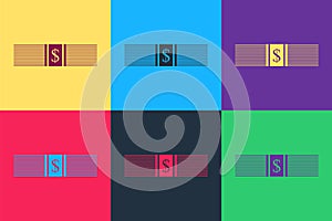 Pop art Paper money american dollars cash icon isolated on color background. Money banknotes stack with dollar icon