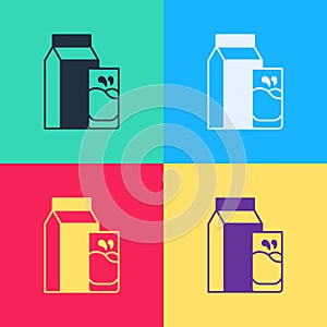 Pop art Paper package for kefir and glass icon isolated on color background. Dieting food for healthy lifestyle and