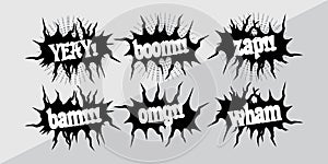 Pop art patches set with letterings. Vector illustration isolated on white background in cartoon 80s-90s comic style.