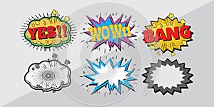 Pop art patches set with letterings. Vector illustration isolated on white background in cartoon 80s-90s comic style.