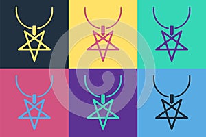 Pop art Pentagram on necklace icon isolated on color background. Magic occult star symbol. Vector