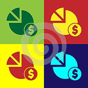 Pop art Pie chart infographic and dollar symbol icon isolated on color background. Diagram chart sign. Vector