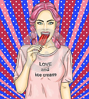 Pop art pin up young girl eating eskimo pie photo