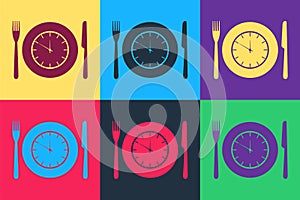 Pop art Plate with clock, fork and knife icon isolated on color background. Lunch time. Eating, nutrition regime, meal