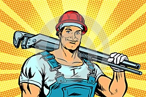 Pop art plumber worker with adjustable wrench