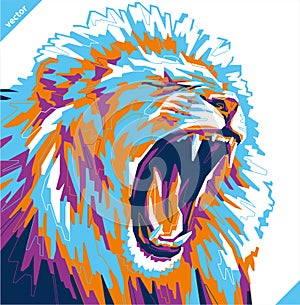 Pop art portrait of agressive lion. Vector illustration