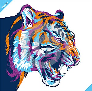 Pop art portrait of agressive tiger. Vector illustration