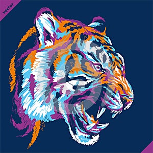 Pop art portrait of agressive tiger. Vector illustration