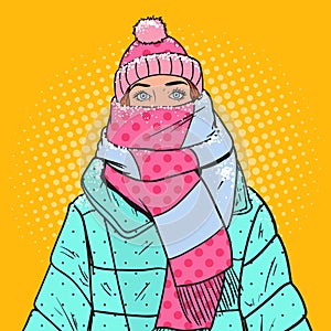 Pop Art Portrait of Beautiful Woman in Warm Winter Clothes. Cold Weather