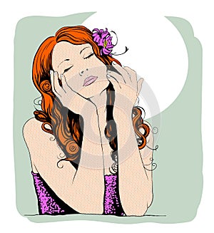 Pop art portrait of a dreaming lovely woman.