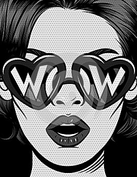 Pop art portrait with wow in sunglasses