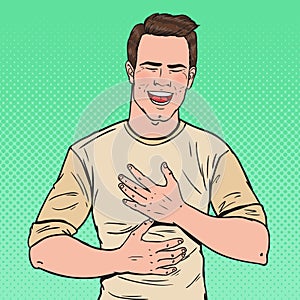 Pop Art Portrait of Young Man Laughing Hard with Hands on His Belly. Positive Emotion Facial Expression