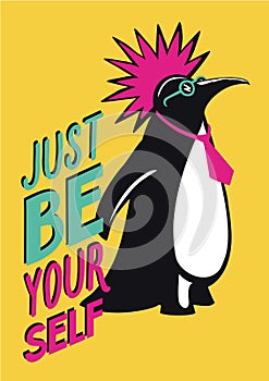 Pop art poster with penguin punk. Humorous illustration.