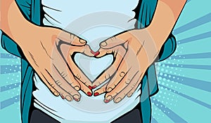 Pop art Pregnant woman and loving husband hugging tummy