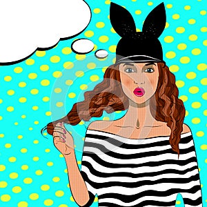 Pop art pretty woman with long hair and hat.