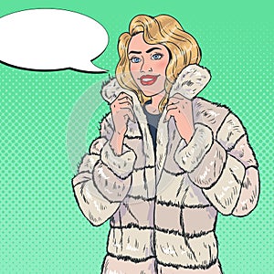 Pop Art Pretty Woman Posing in Warm Fur Coat. Girl in Winter Clothes