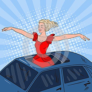 Pop Art Pretty Woman Standing in a Car Sunroof with Arms Wide Open