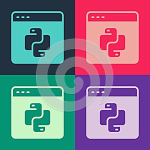 Pop art Python programming language icon isolated on color background. Python coding language sign on browser. Device