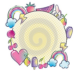 pop art rainbow fruit heart ice cream speech bubble label halftone