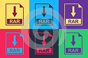 Pop art RAR file document icon. Download RAR button icon isolated on color background. Vector