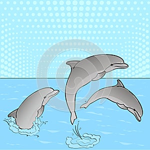 Pop Art. Raster of imitation retro comic style. Rest on the sea, three dolphins play in the water.