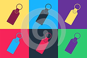 Pop art Rectangular key chain with ring for key icon isolated on color background. Vector