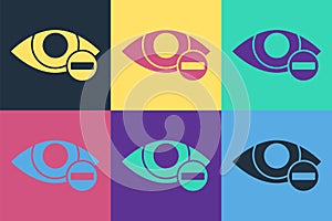 Pop art Red eye effect icon isolated on color background. Eye redness sign. Inflammatory disease of eyes. Vector